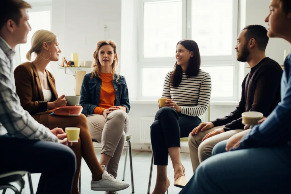 Community support group session showing people in a circle sharing and supporting each other