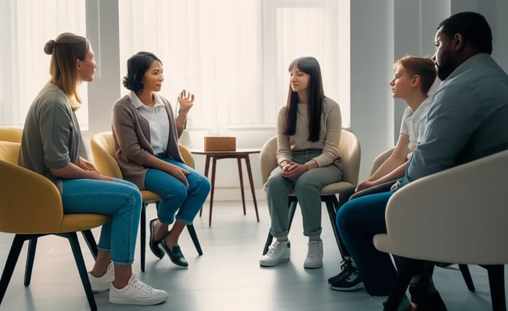 Family therapy session with counselor and family members in supportive environment